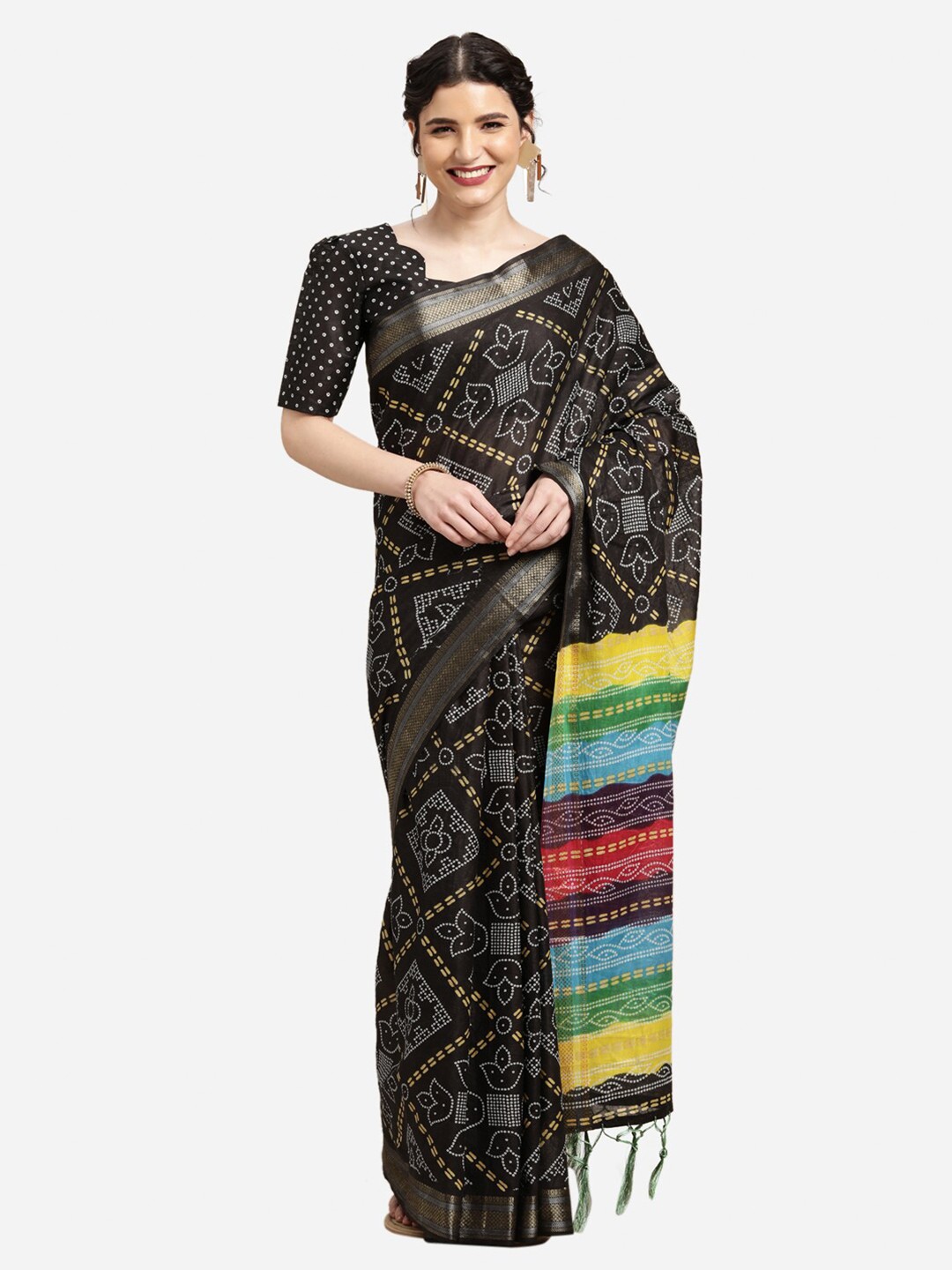 

Satrani Black & Red Bandhani Saree