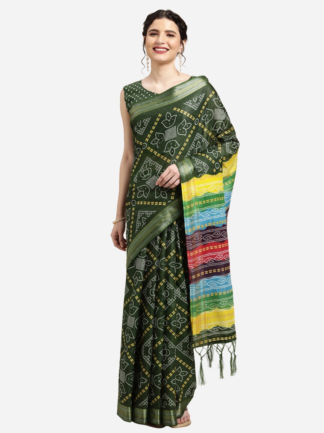 

Satrani Green & Yellow Bandhani Saree