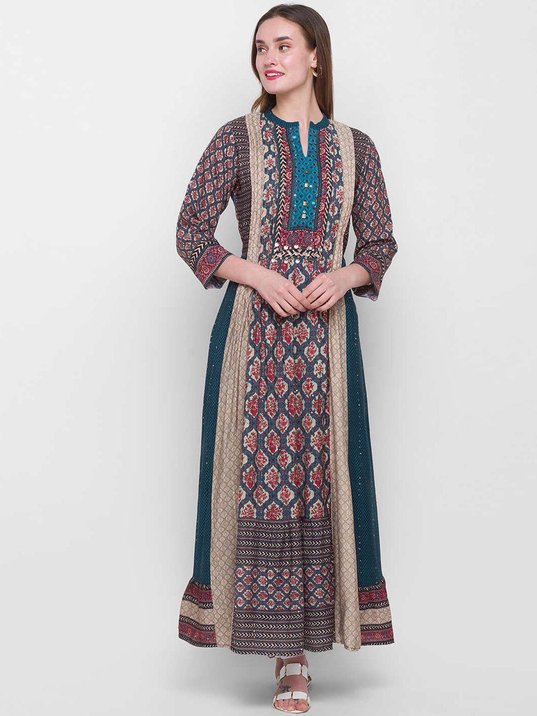 

ZOLA Women Blue Geometric Keyhole Neck Mirror Work Anarkali Kurta