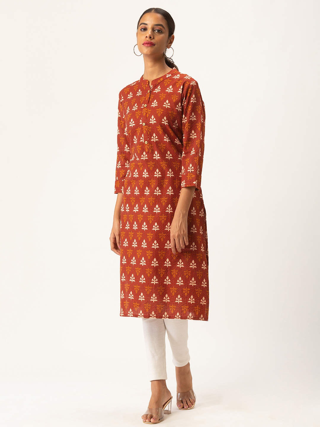 

ZOLA Pure Cotton Geometric Cold-Shoulder Sleeves Lightweight Kurta, Red