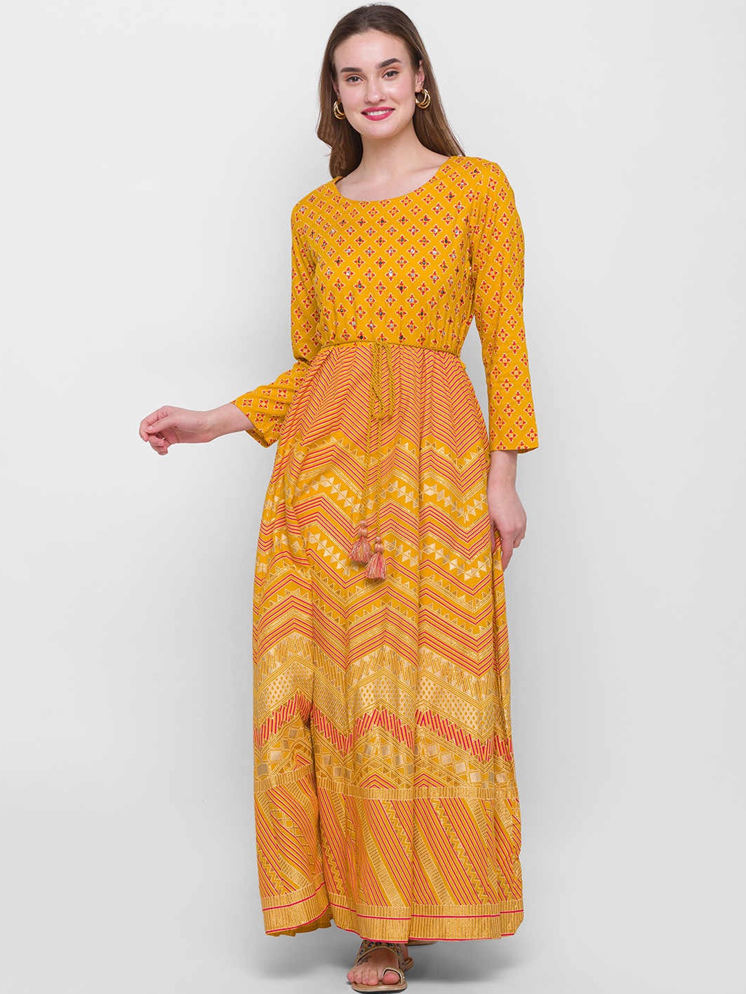 

ZOLA Women Mustard Yellow Embroidered Flared Sleeves Anarkali Kurta