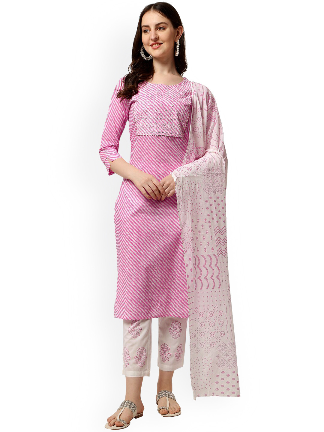 

MIRCHI FASHION Women Pink Leheriya Sequinned Kurta with Trousers & Dupatta