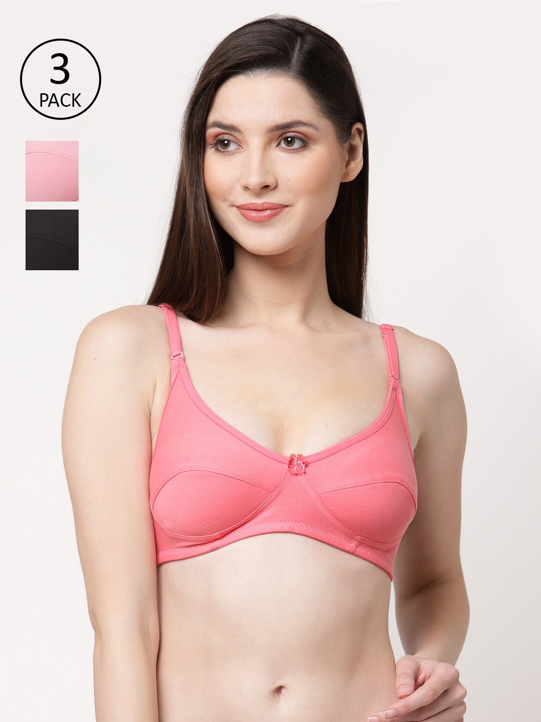

Floret Pack Of 3 Rose & Black Solid Non Padded T-Shirt Bra