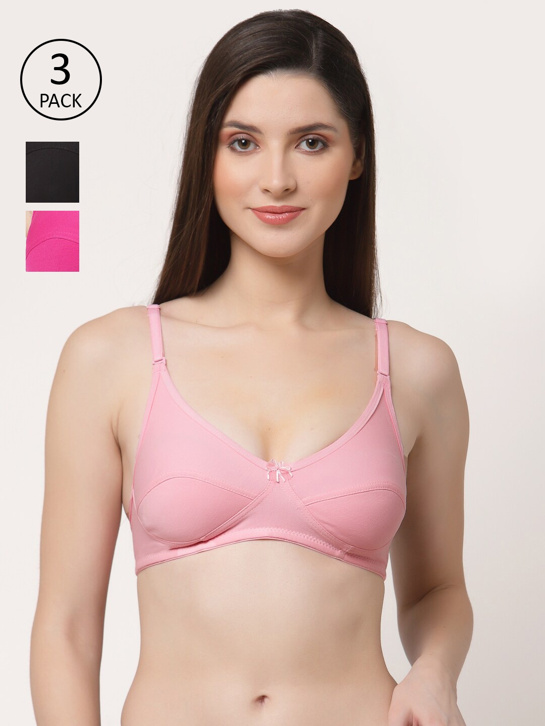 

Floret Pack Of 3 Rose & Black Solid Non Padded T-Shirt Bra
