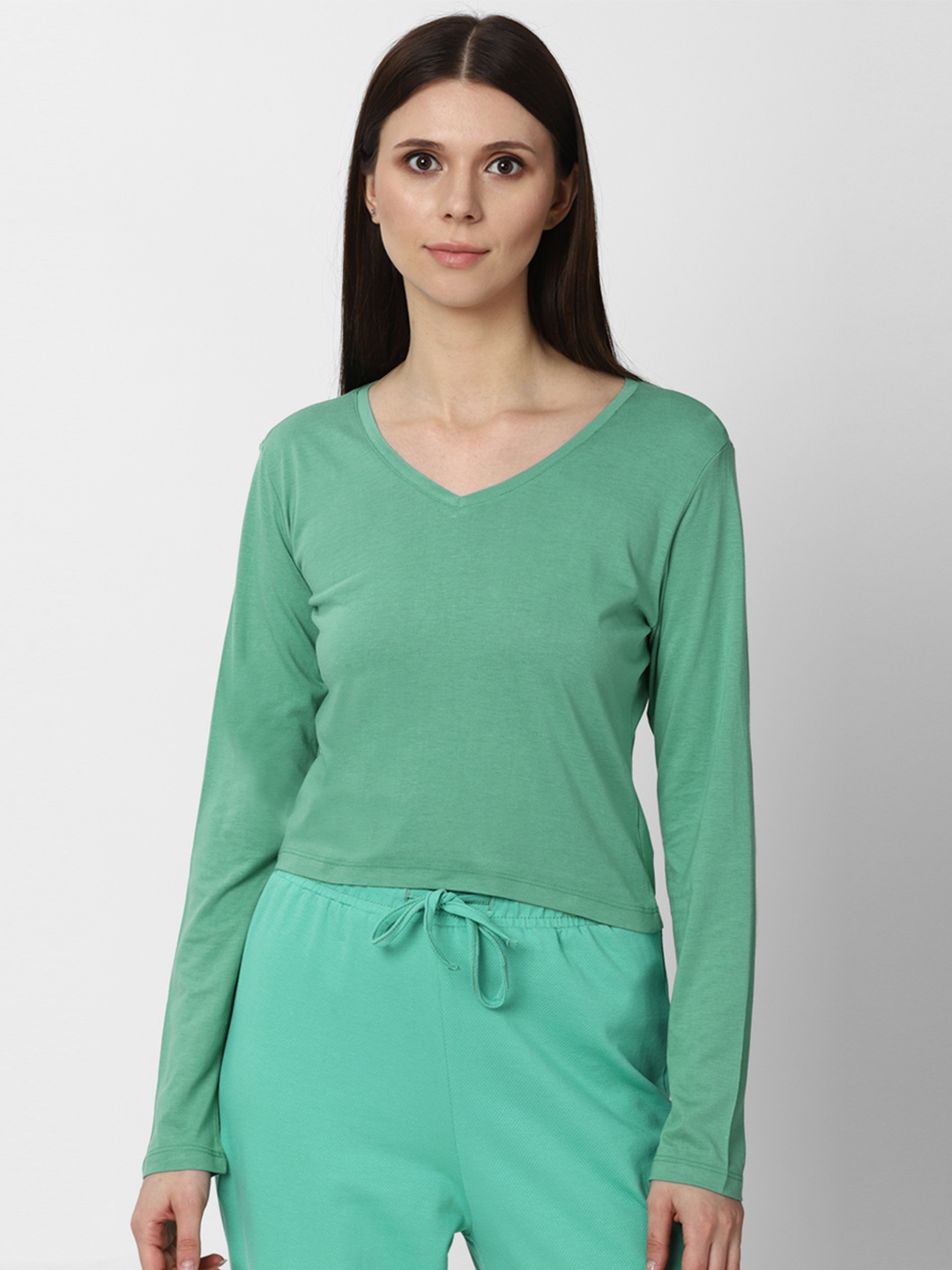 

FOREVER 21 Green Long Sleeves Crop V-Neck Top