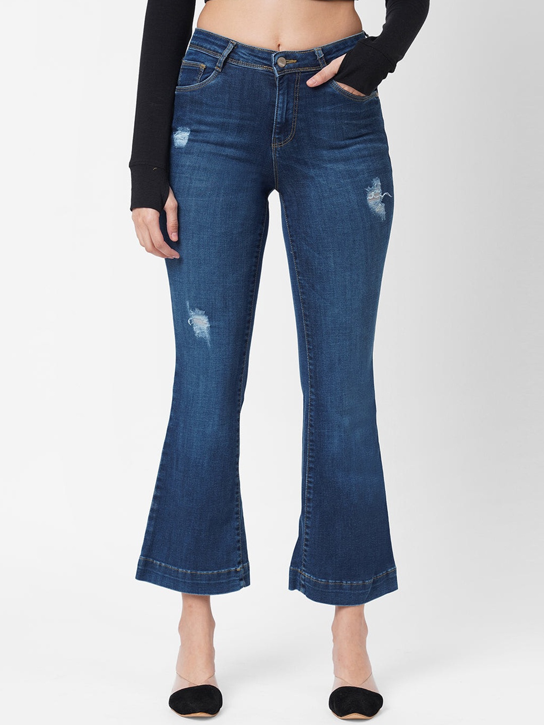 

Kraus Jeans Women Blue Flared High-Rise Mildly Distressed Light Fade Jeans