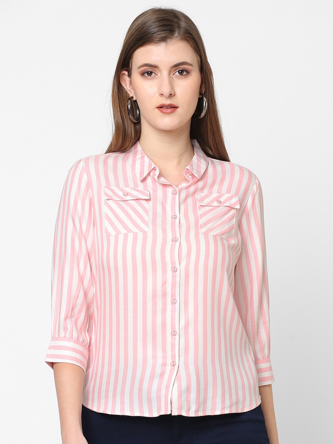 

Kraus Jeans Women Peach-Coloured Slim Fit Striped Casual Shirt