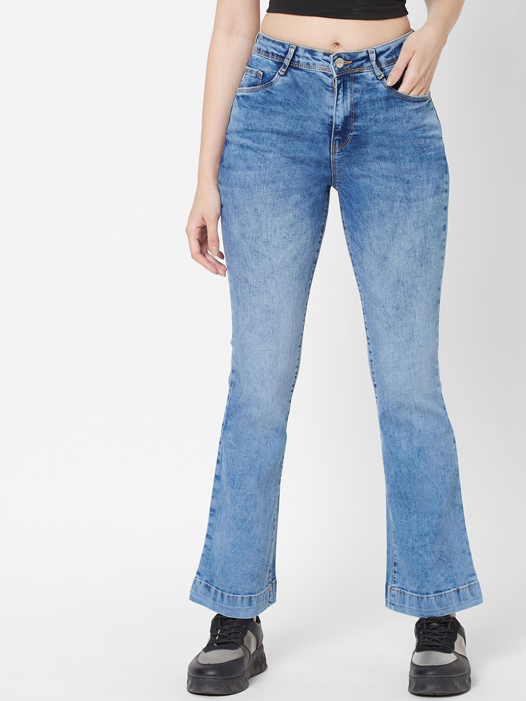 

Kraus Jeans Women Blue Flared High-Rise Heavy Fade Jeans