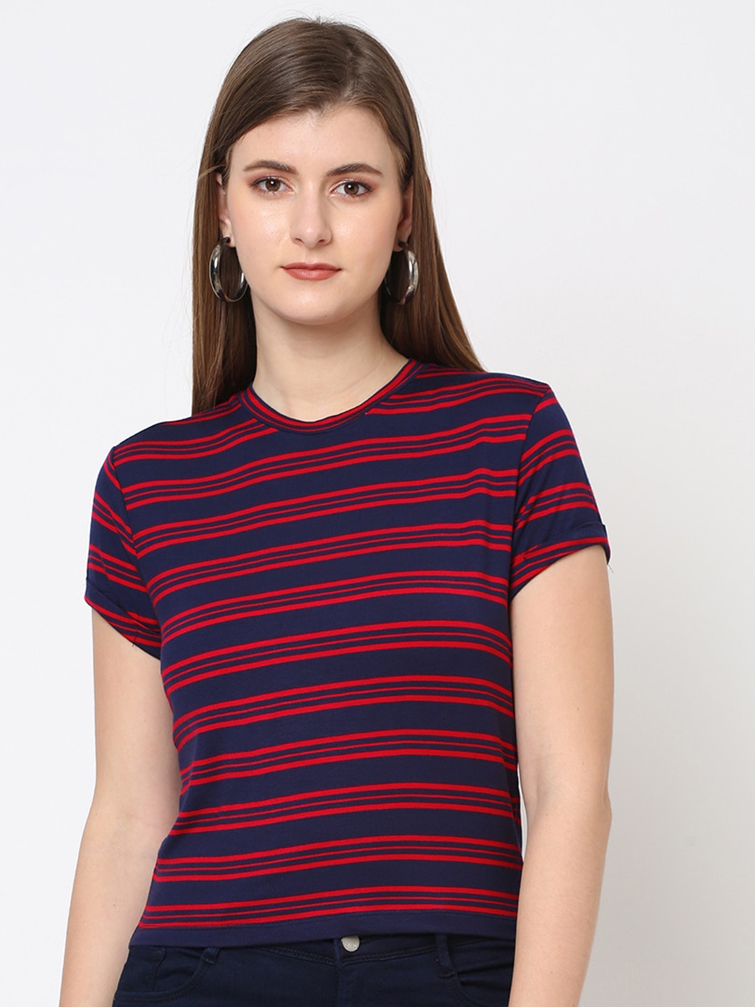 

Kraus Jeans Women Navy Blue Striped Slim Fit T-shirt