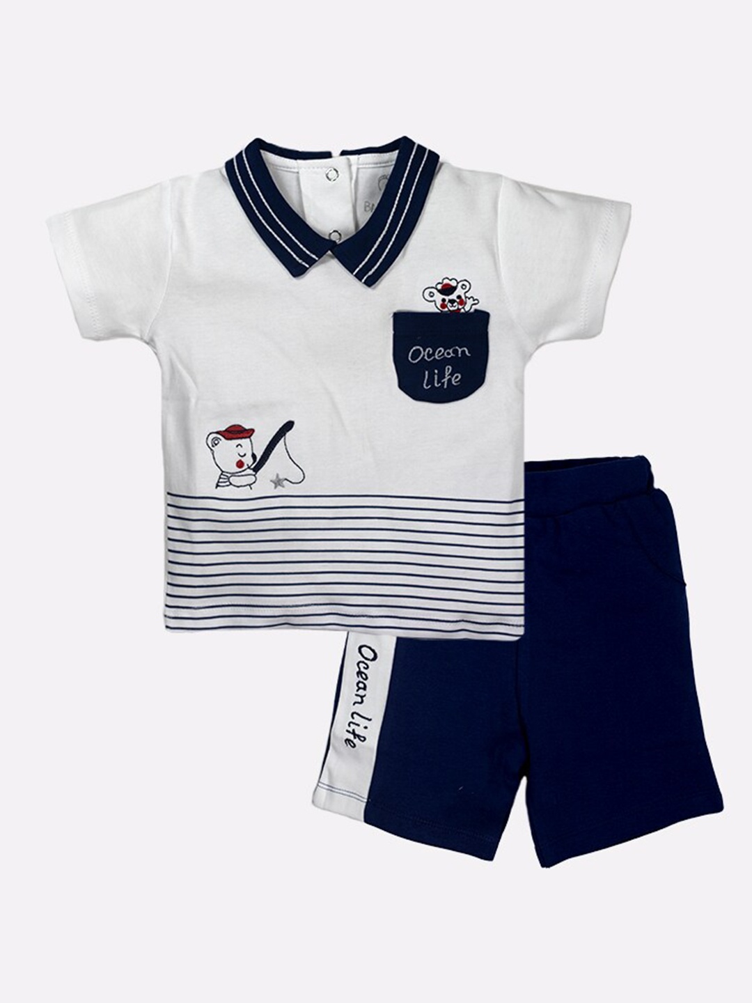 

BABY GO Boys Navy Blue & White Printed T-shirt with Shorts