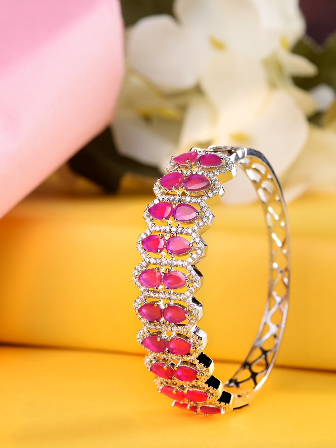 

Saraf RS Jewellery Women Red Brass Cubic Zirconia Handcrafted Rhodium-Plated Cuff Bracelet