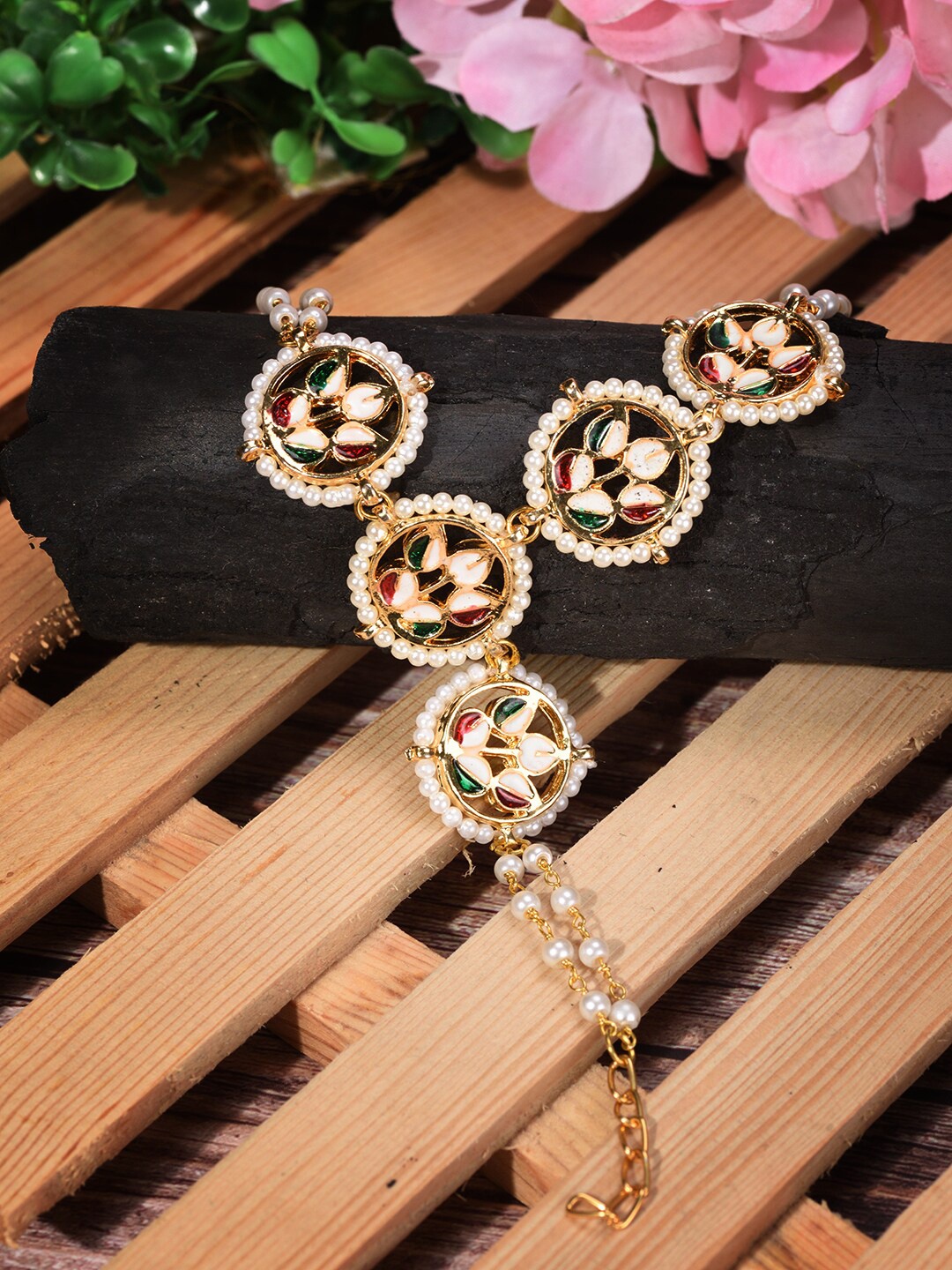 

Saraf RS Jewellery Women Gold-Toned & White Kundan Handcrafted Gold-Plated Wraparound Bracelet