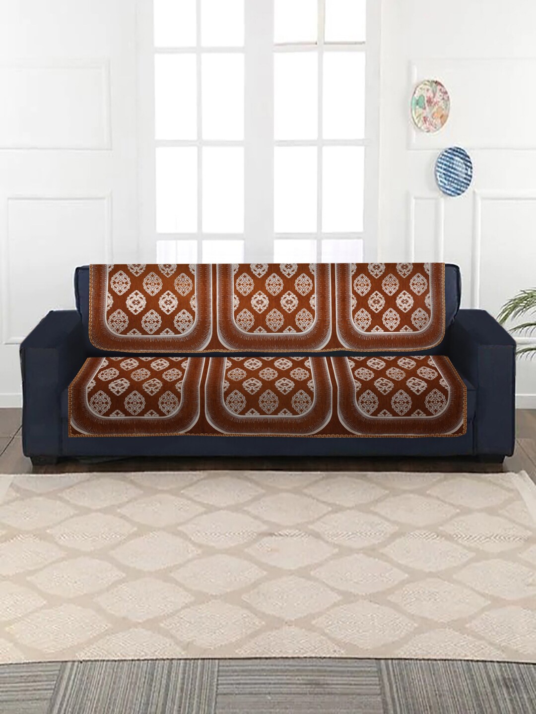 

MULTITEX Gold Toned & Red Printed Jacquard Sofa Cover