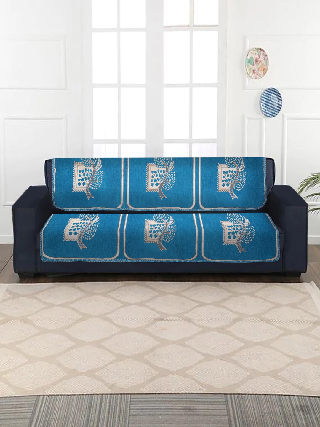 

MULTITEX Blue Printed Jacquard Sofa Cover