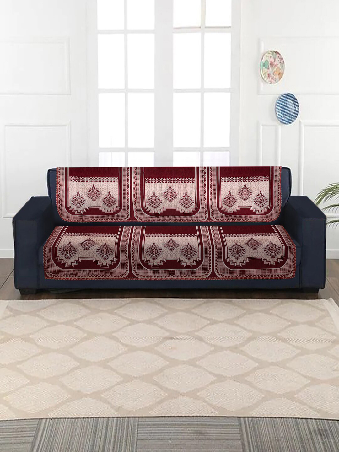

MULTITEX Set Of 10 Printed 5 Seater Sofa Covers, Maroon