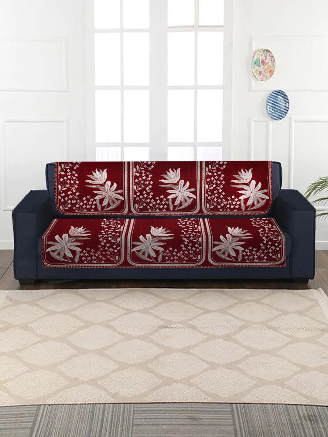 

MULTITEX Set Of 10 Printed 5 Seater Sofa Covers, Maroon