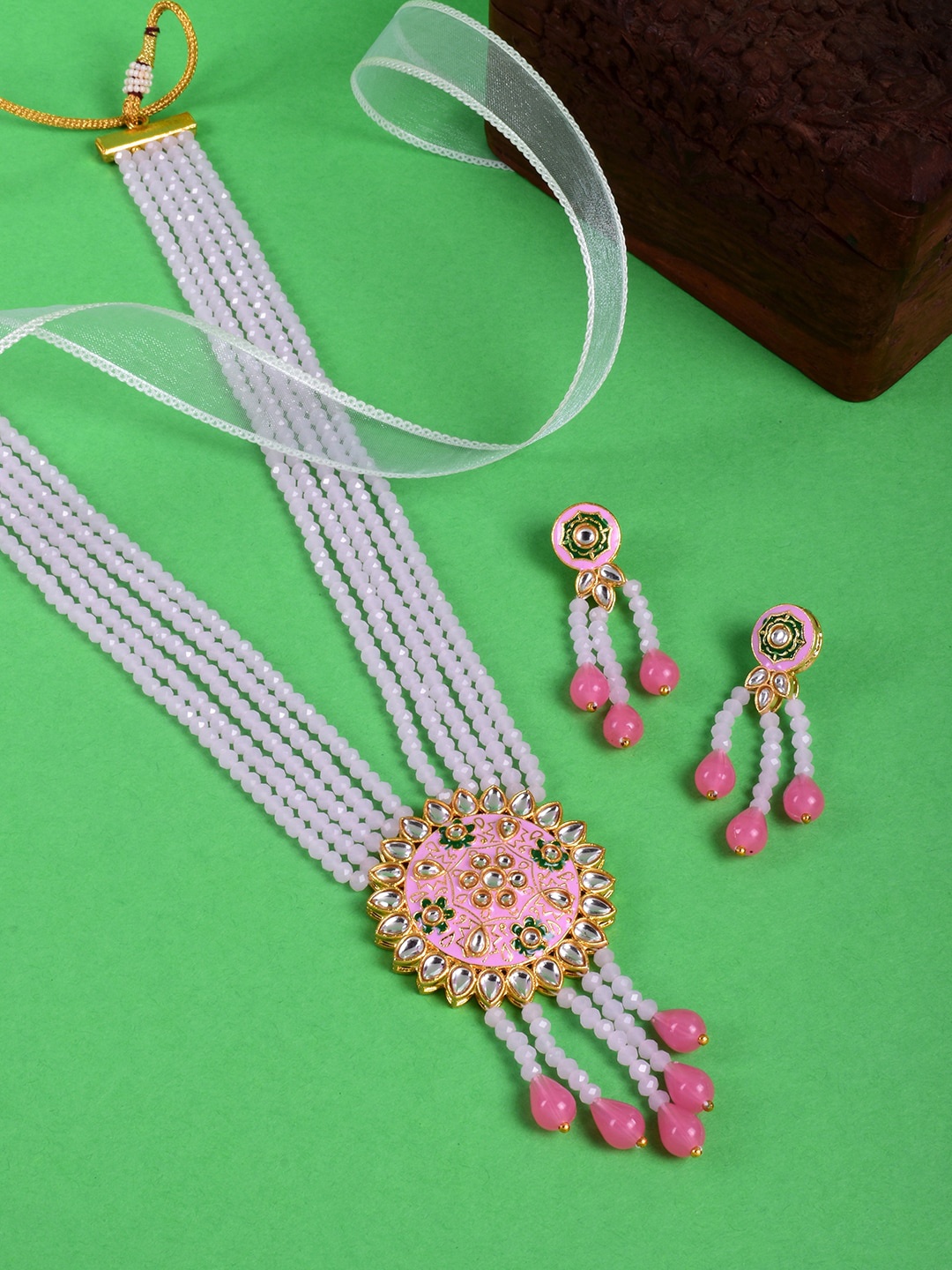 

STEORRA JEWELS Pink Meenakari Ethnic Kundan Long Necklace Set