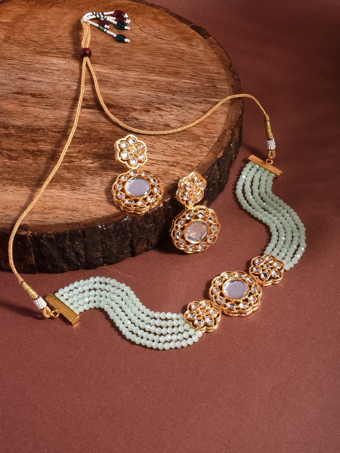 

STEORRA JEWELS Gold Plated Green Stone Studded Jewellery Set