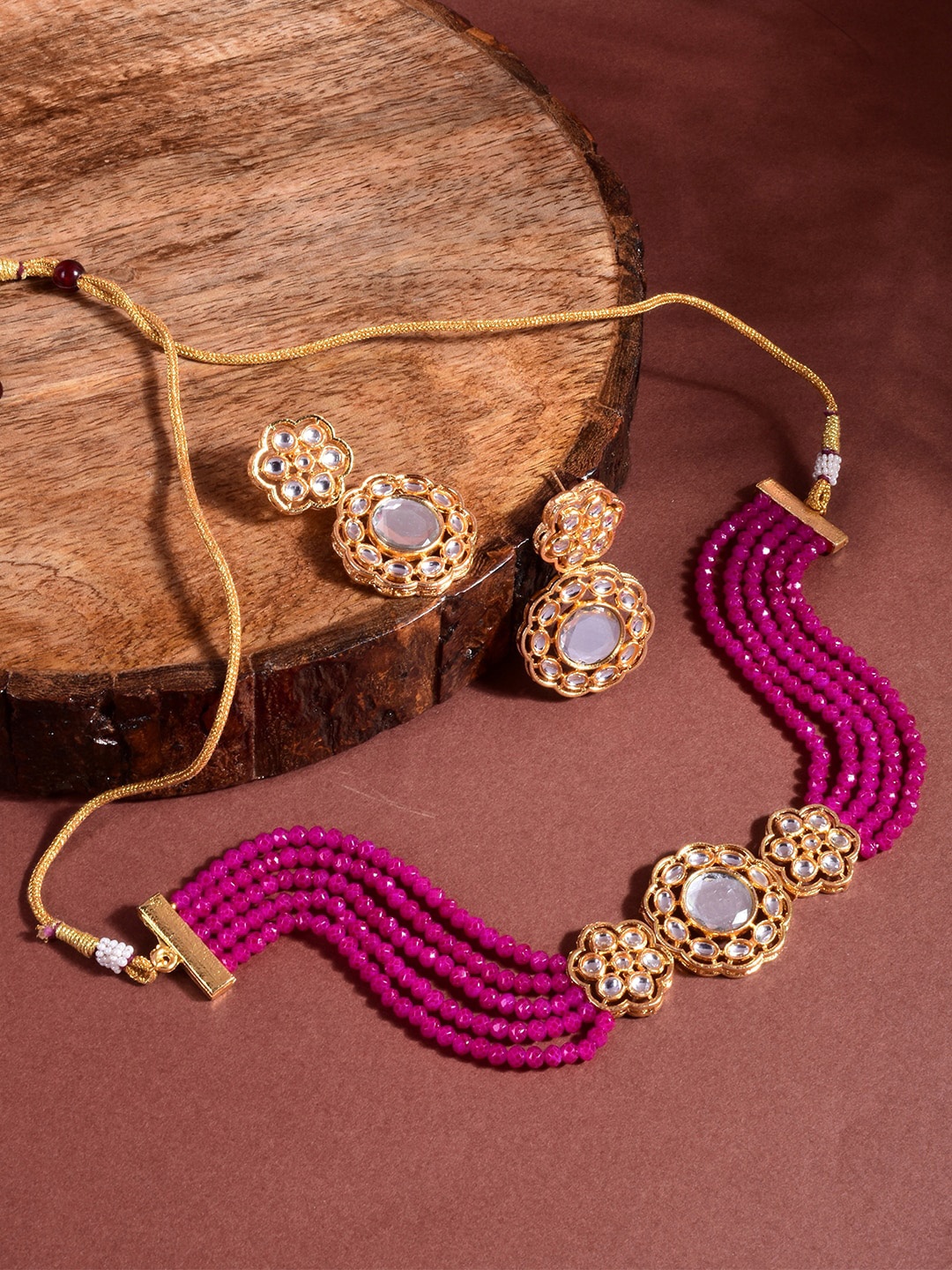 

STEORRA JEWELS Gold Plated Pink Stone Studded Jewellery Set