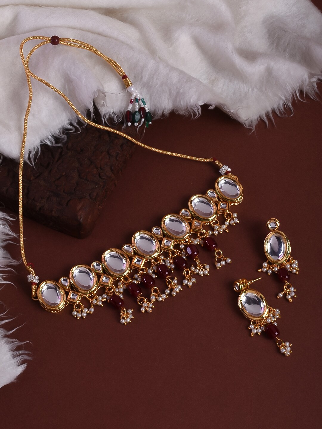

STEORRA JEWELS Gold-Plated Red & White Kundan Stone-Studded & Beaded Three Jewellery Set