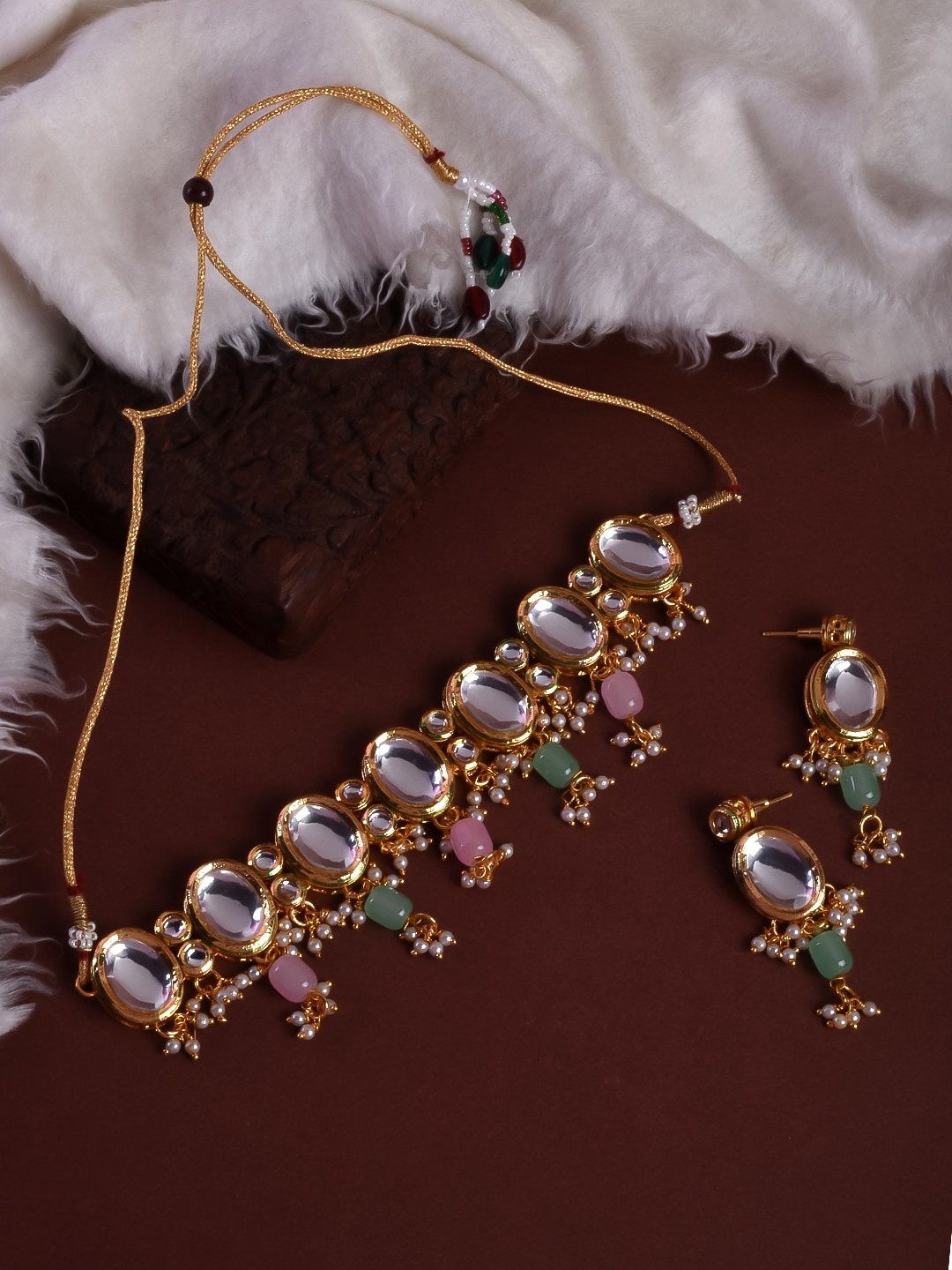 

STEORRA JEWELS Gold Plated Multi Colored Stone Studded Jewellery Set