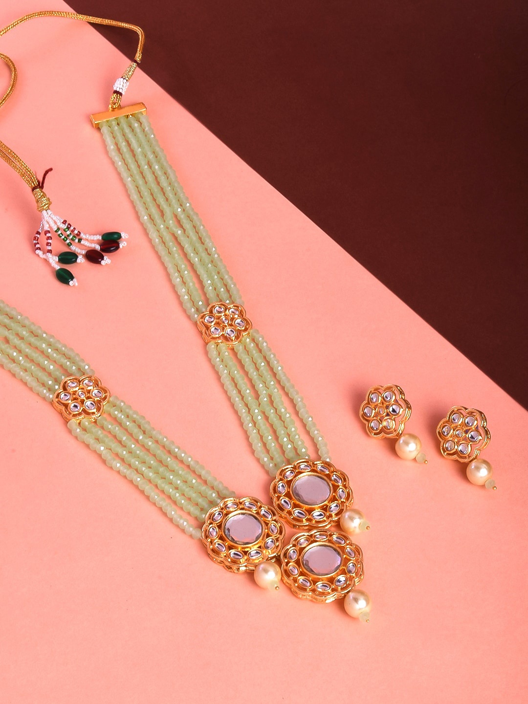

STEORRA JEWELS Green Gold Plated Beads Embedded White Crystal Long Necklace With Earrings