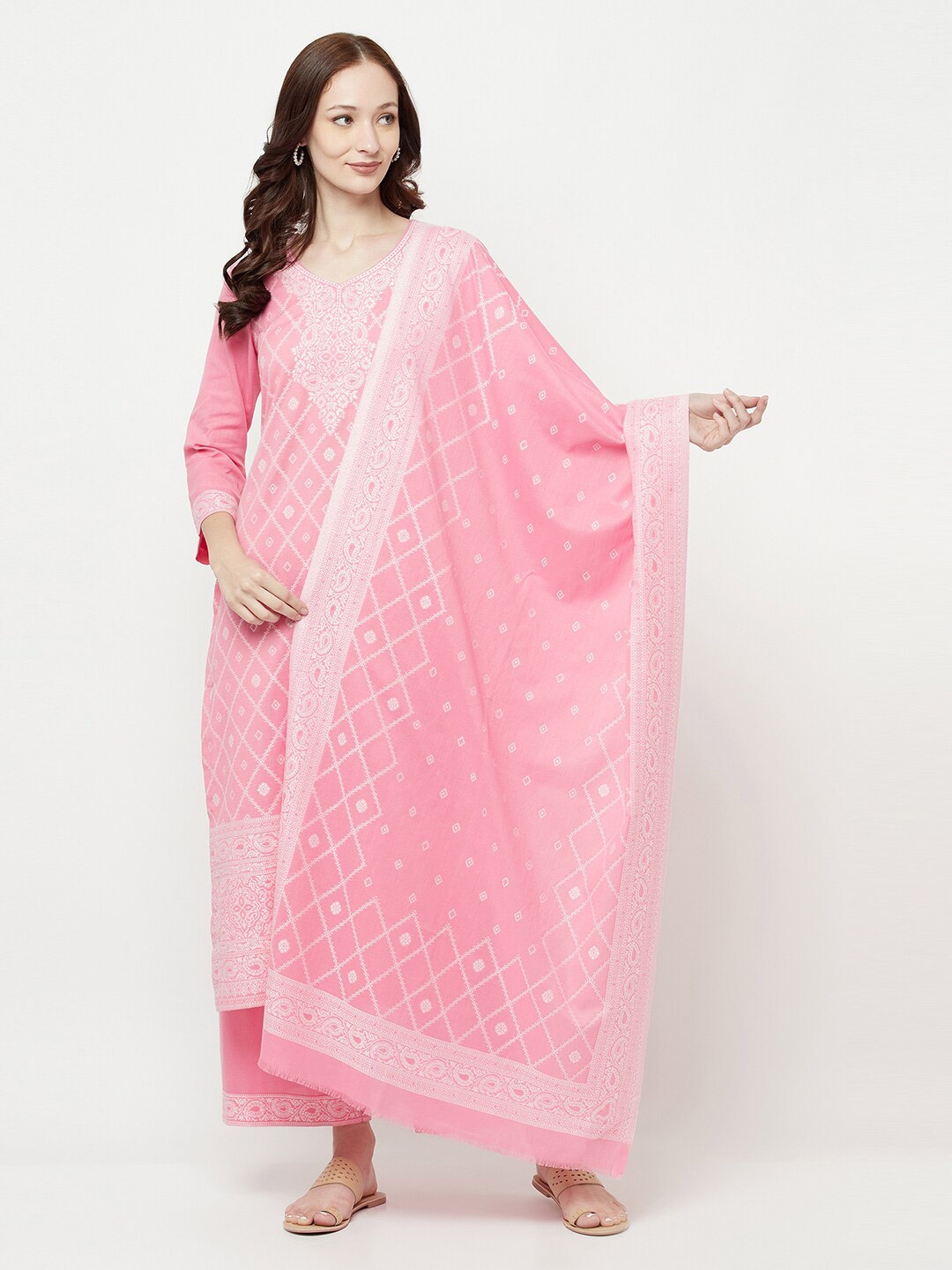 

Safaa Pink & White Unstitched Dress Material