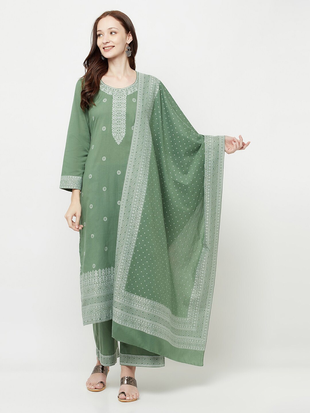 

Safaa Green & White Unstitched Dress Material
