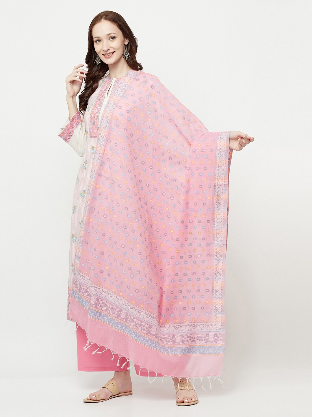 

Safaa Peach-Coloured & White Unstitched Dress Material