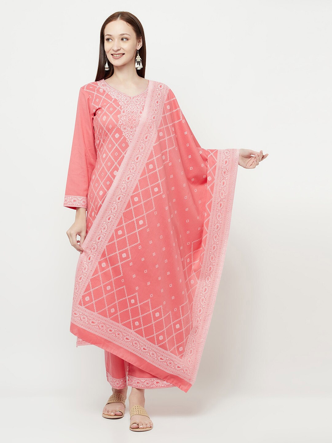 

Safaa Pink & White Unstitched Dress Material