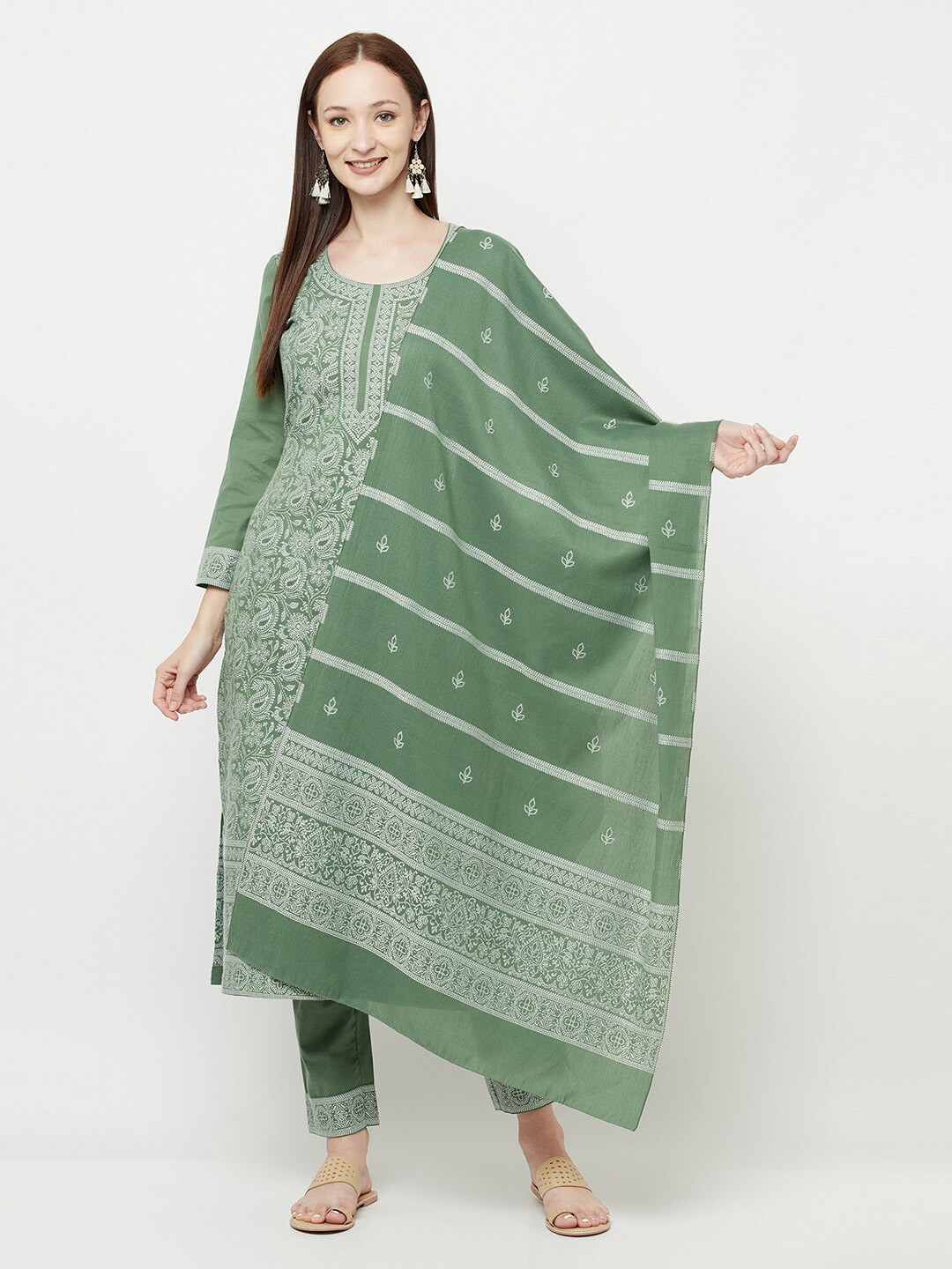 

Safaa Green & White Unstitched Dress Material