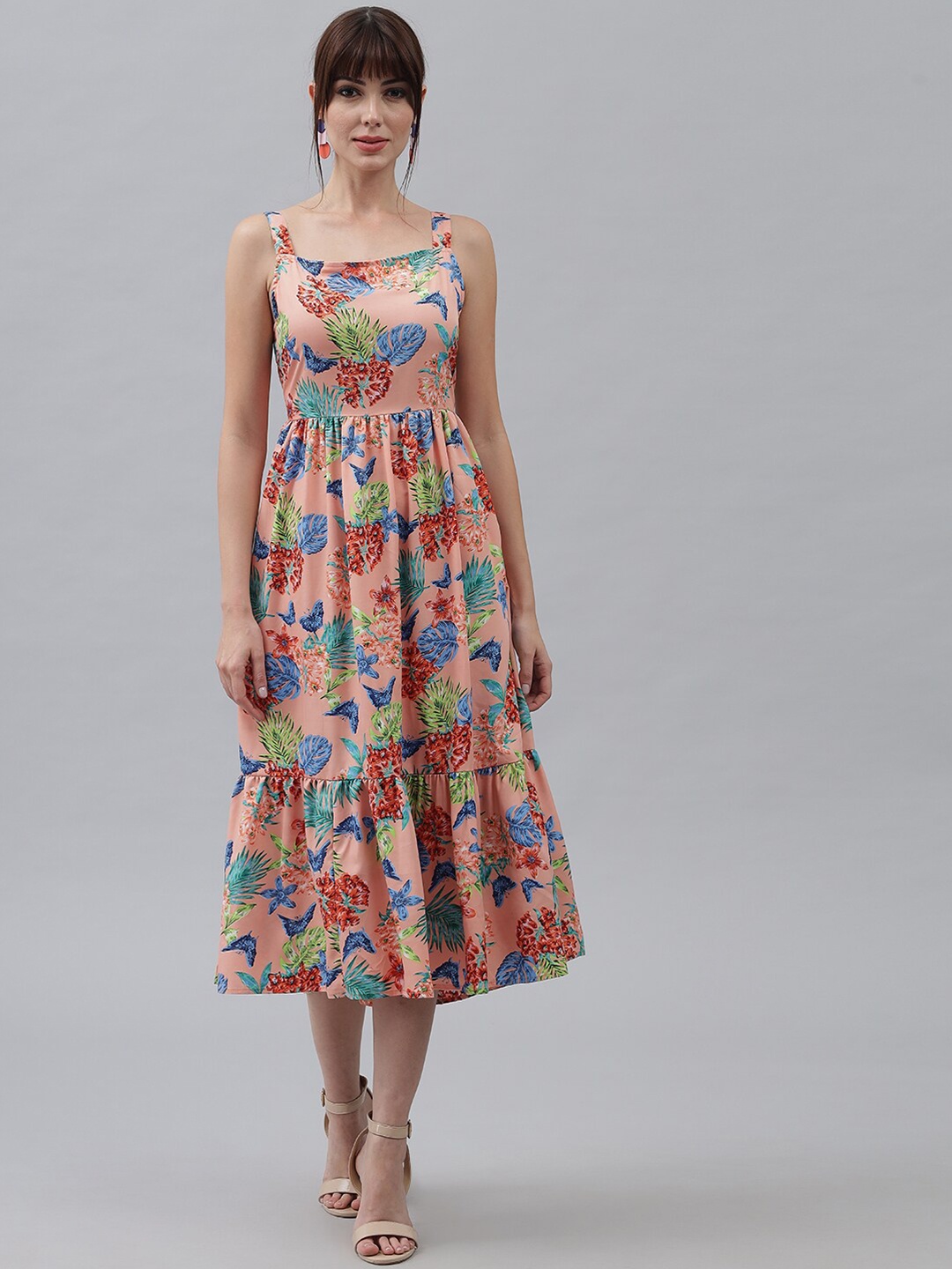 

emeros Peach-Coloured Floral Crepe Empire Midi Dress