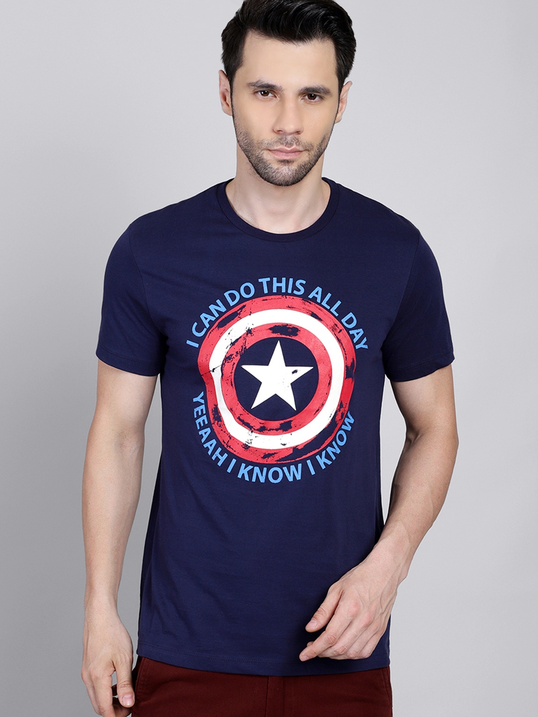 

Free Authority Men Blue Captain America Printed Applique T-shirt
