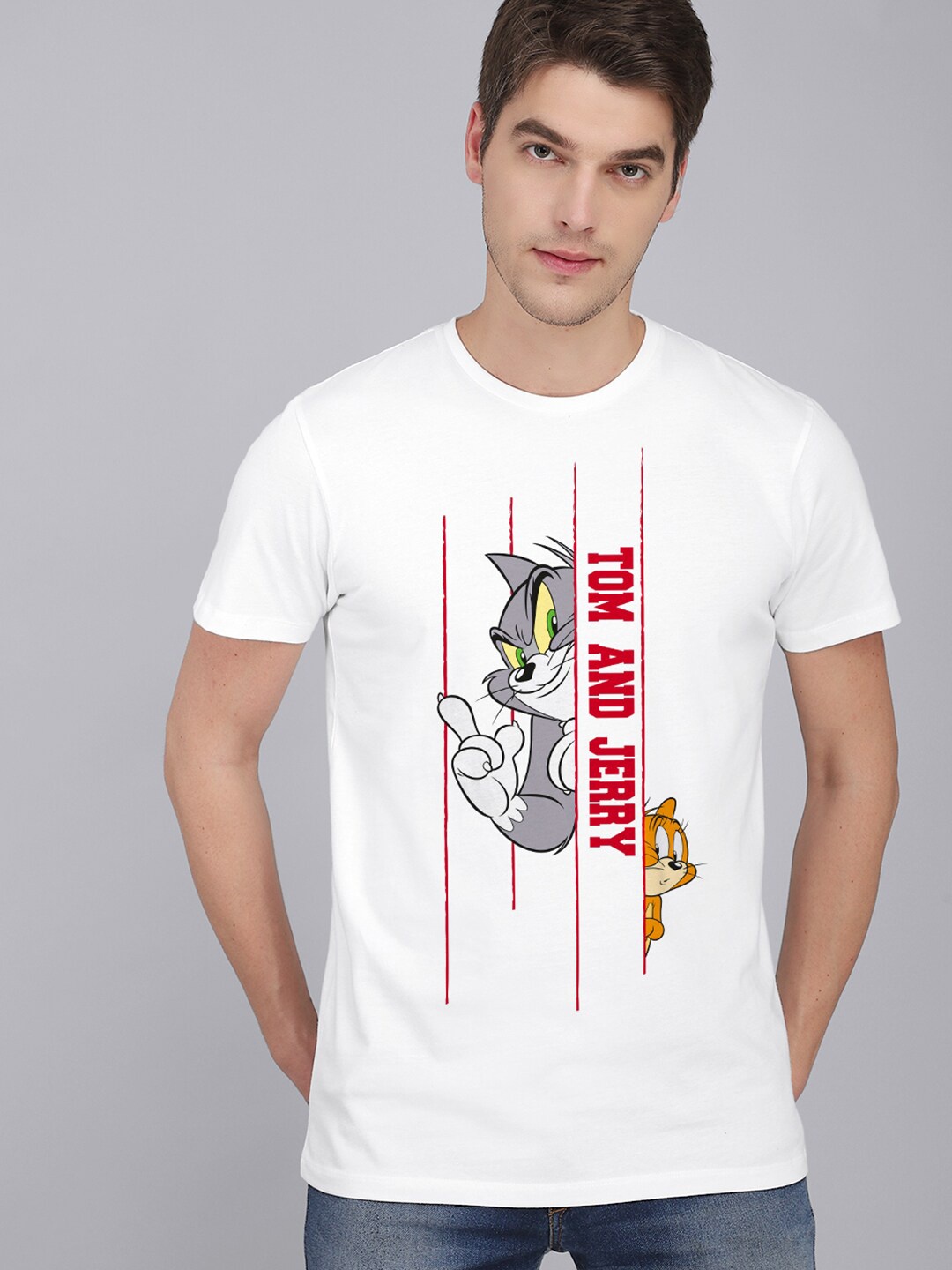 

Free Authority Men White Tom & Jerry Printed Round Neck Tshirt