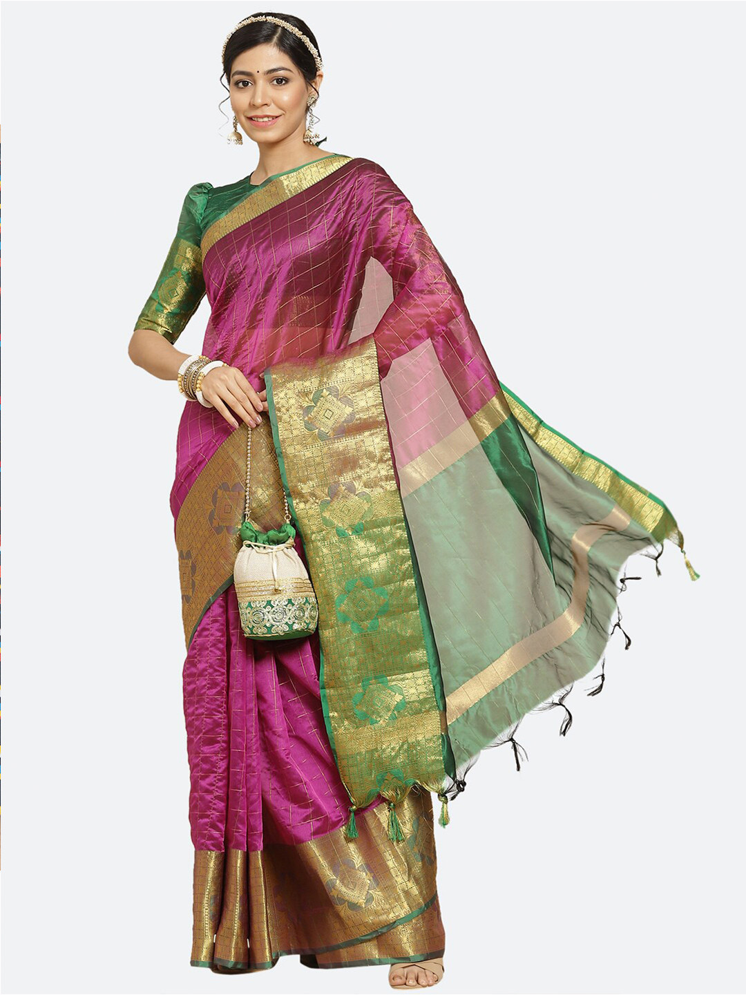 

Satrani Magenta & Green Woven Design Zari Saree
