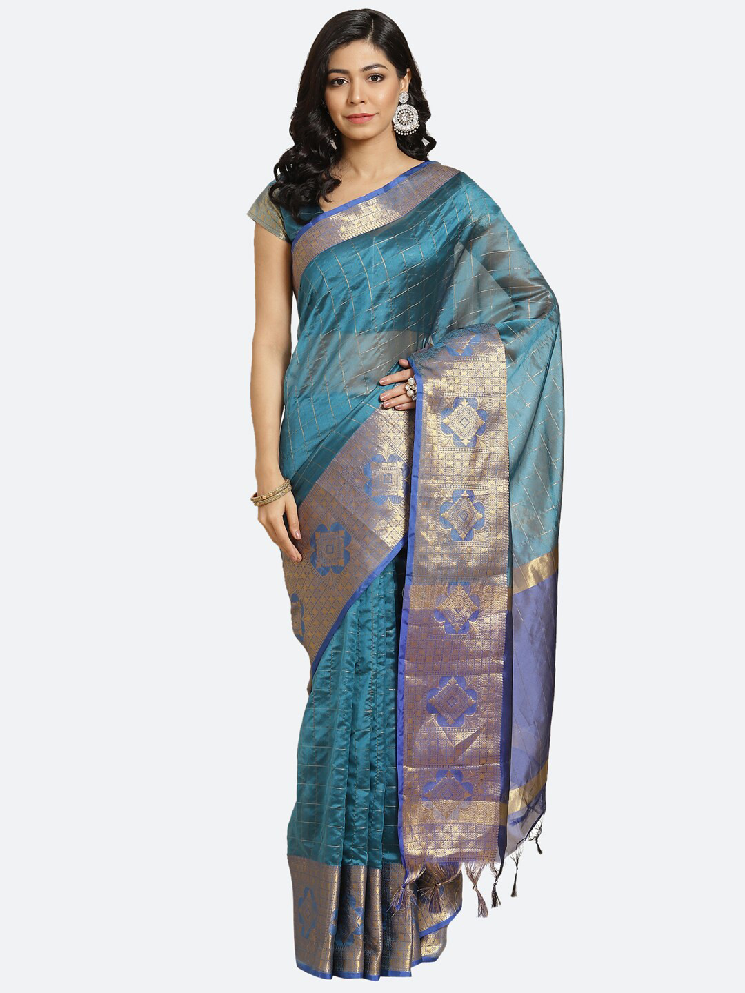 

Satrani Blue & Purple Checked Zari Saree