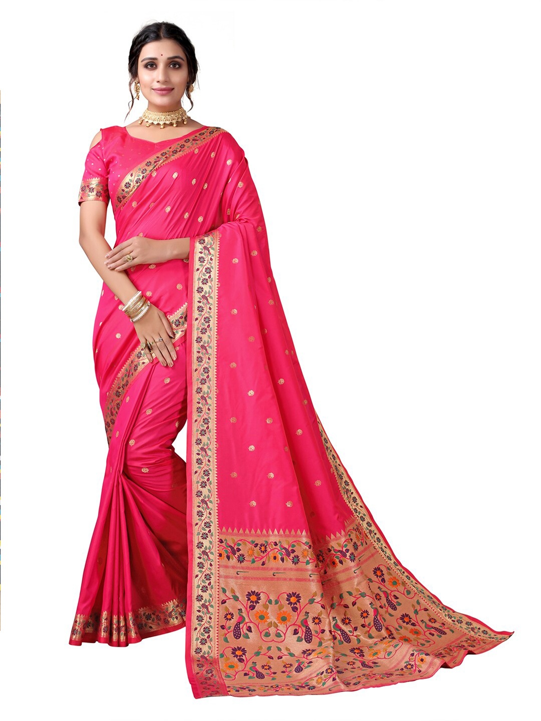 

Satrani Pink Poly Silk Paithani Jacquard Saree with Blouse Piece