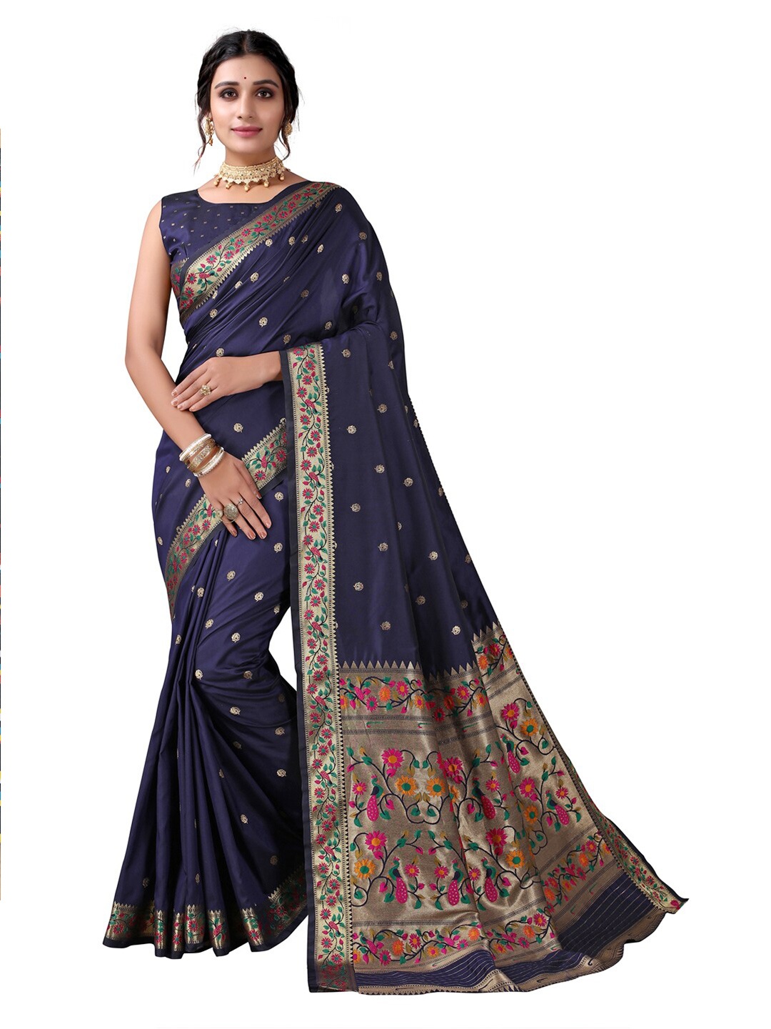 

Satrani Navy Blue & Gold-Toned Woven Design Saree