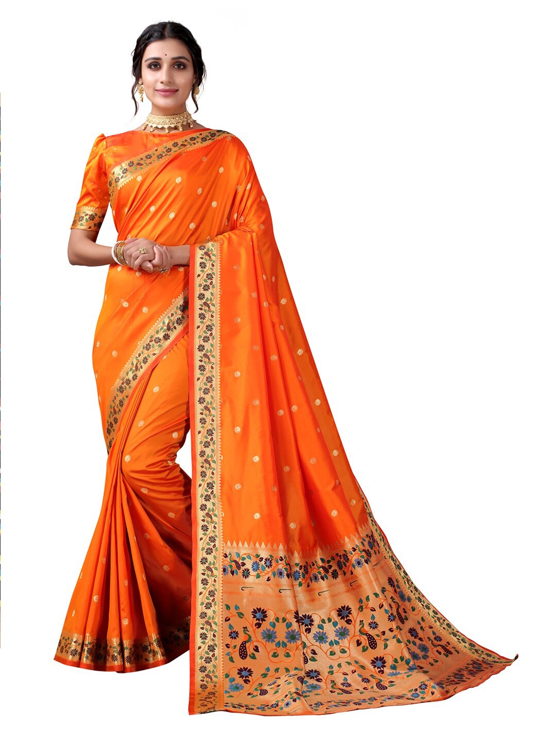 

Satrani Orange & Blue Floral Zari Saree