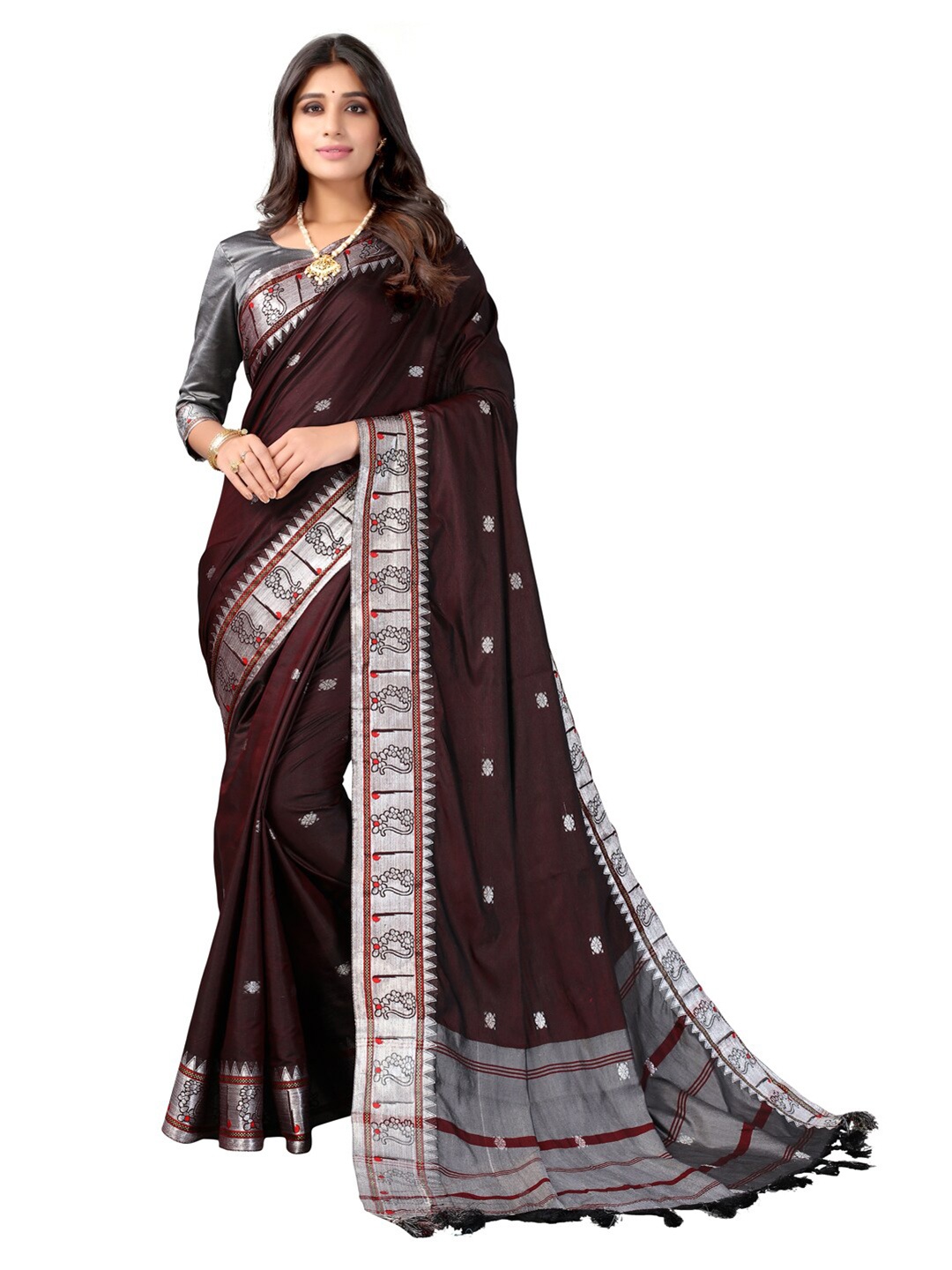 

Satrani Coffee Brown & Silver-Toned Floral Zari Silk Cotton Saree