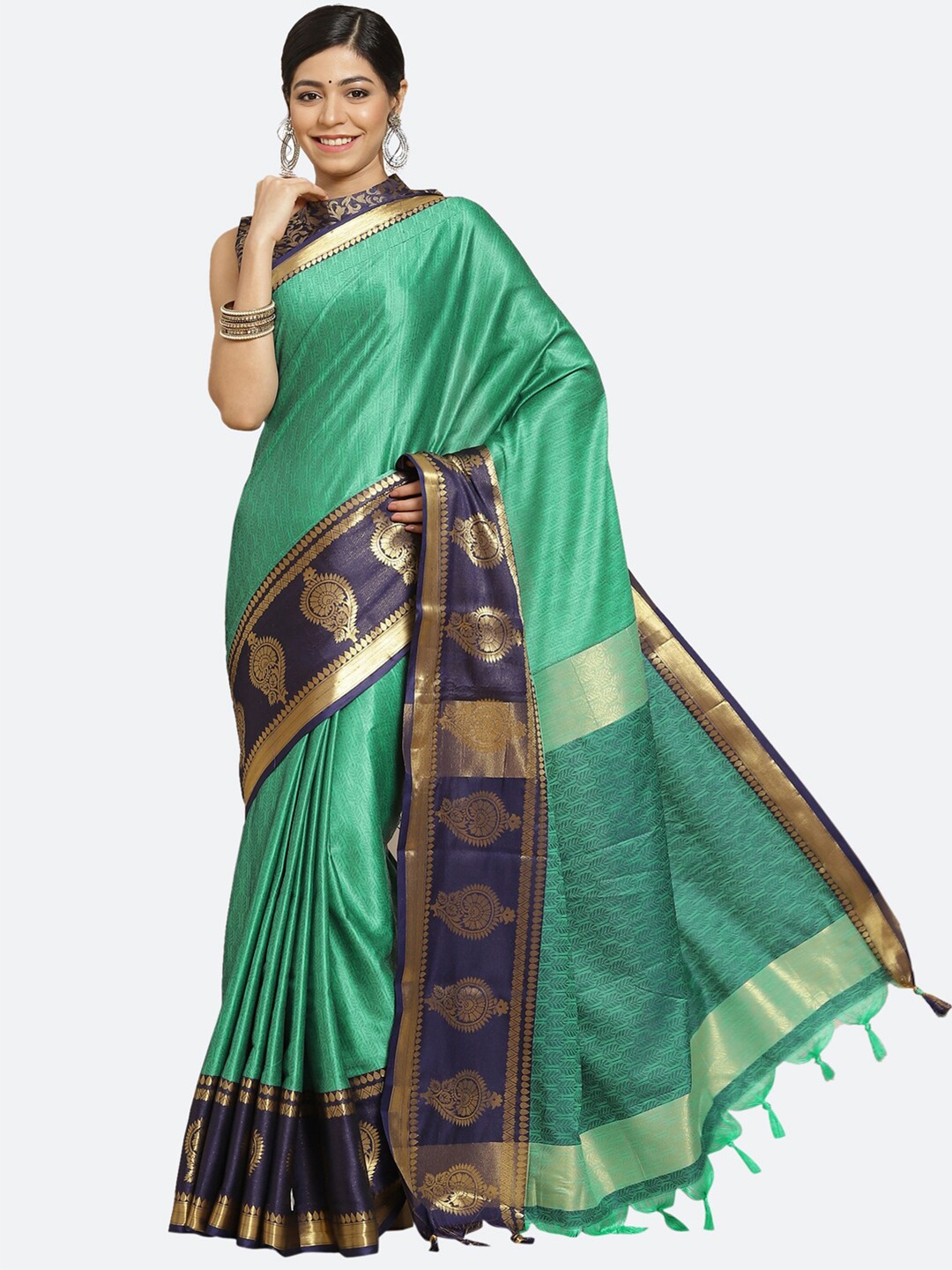 

Satrani Turquoise Blue & Navy Blue Floral Zari Silk Cotton Saree