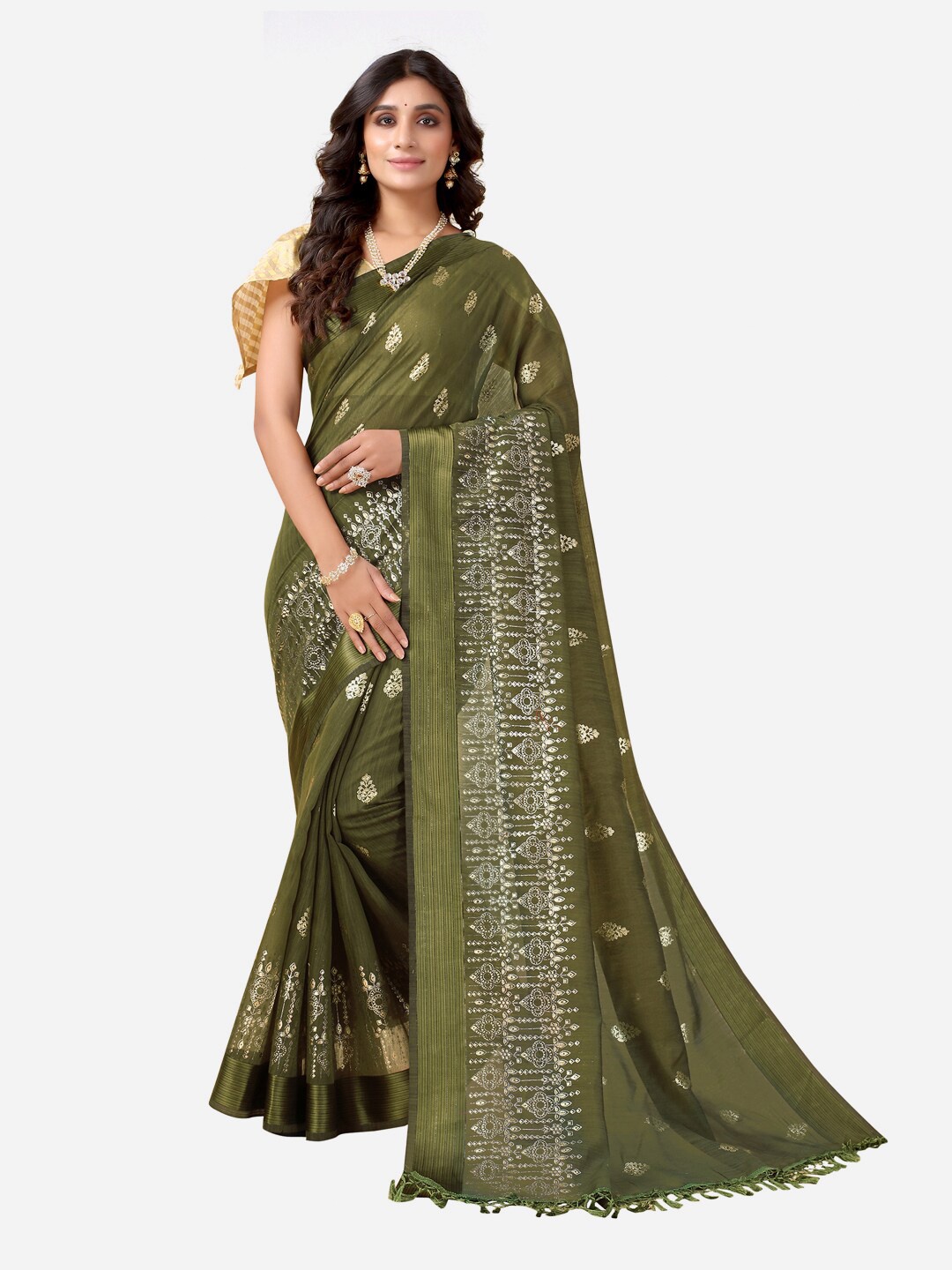 

Satrani Olive Green & Gold-Toned Ethnic Motifs Saree