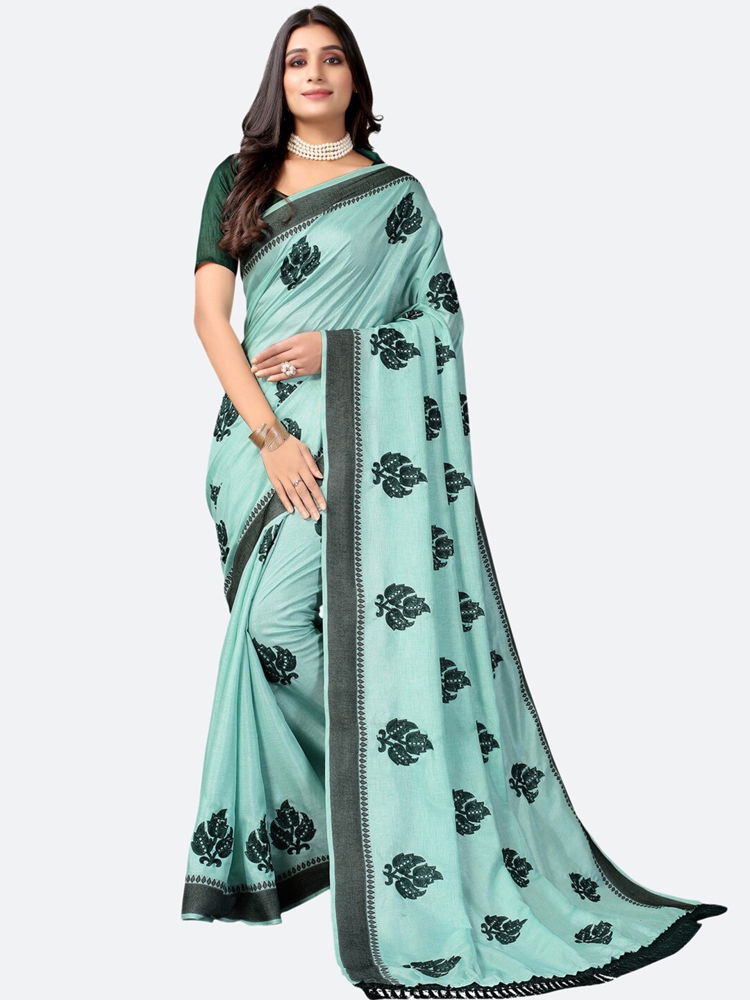 

Satrani Green & Grey Floral Beads and Stones Saree