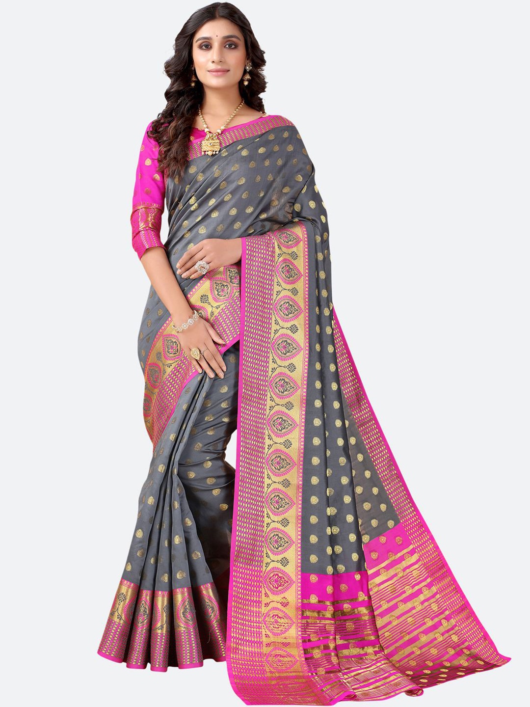 

Satrani Grey & Magenta Woven Design Zari Banarasi Saree