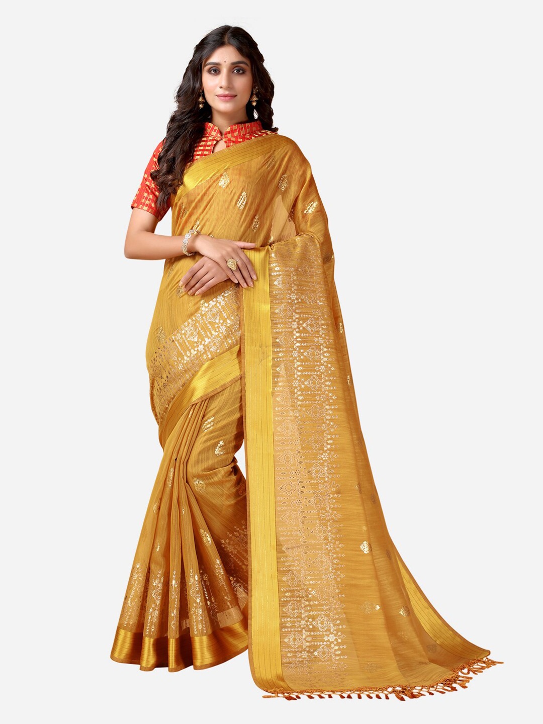 

Satrani Yellow & Red Floral Zari Saree