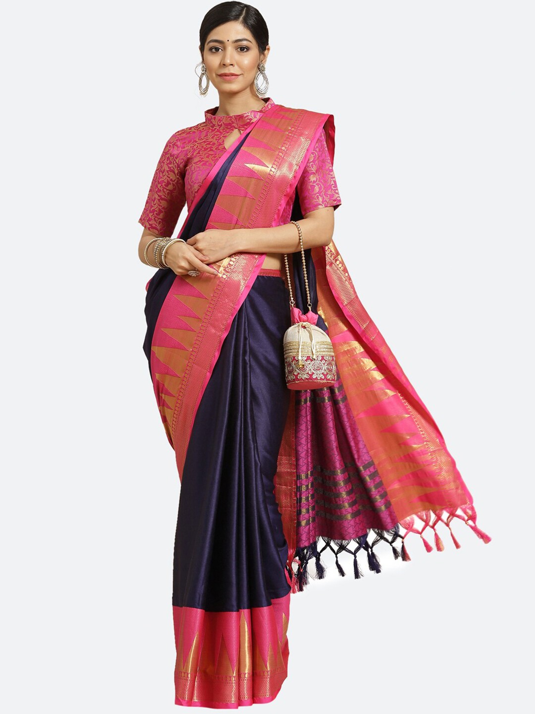 

Satrani Navy Blue & Pink Zari Silk Cotton Saree