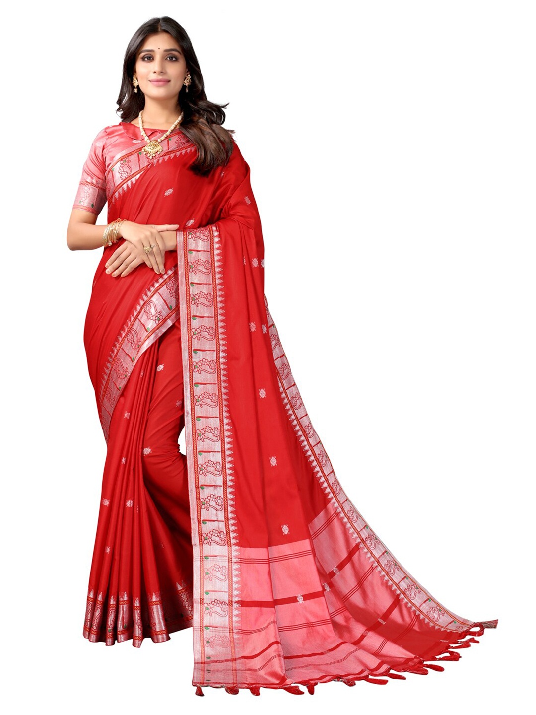 

Satrani Red & Silver-Toned Woven Design Silk Cotton Saree