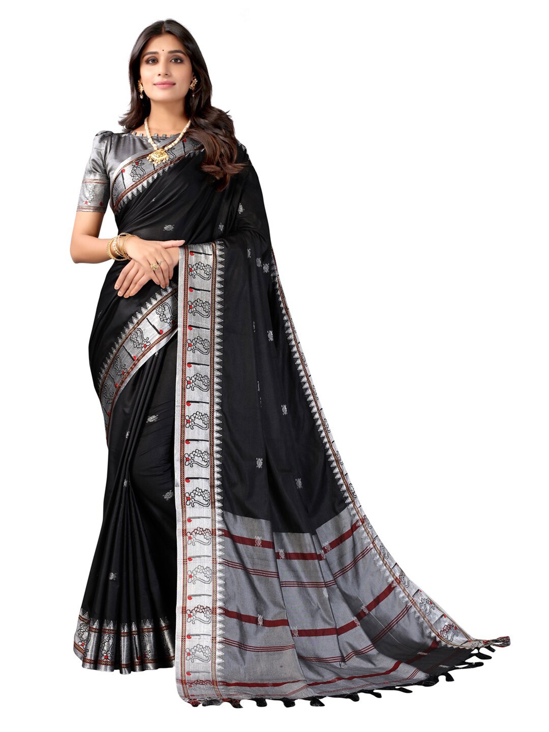 

Satrani Black & Silver-Toned Woven Design Zari Silk Cotton Saree