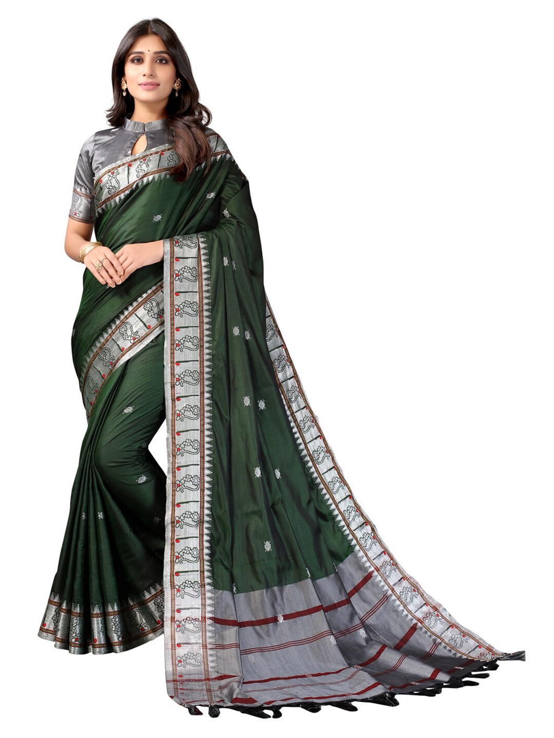 

Satrani Green & Grey Floral Zari Silk Cotton Saree