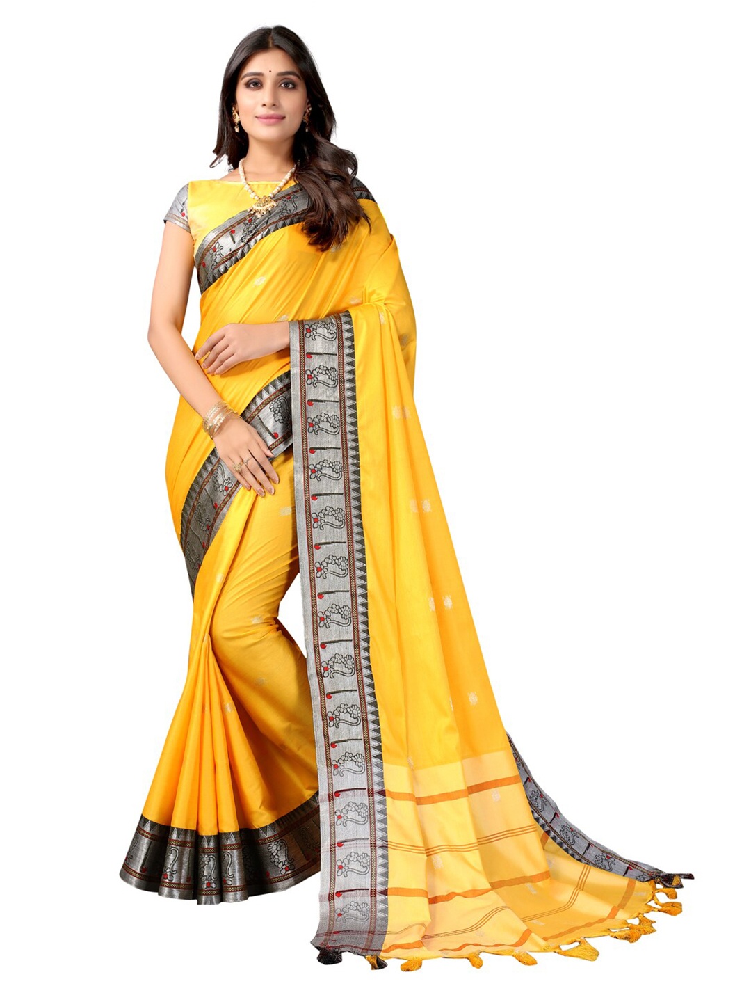 

Satrani Yellow & Silver-Toned Silk Cotton Saree